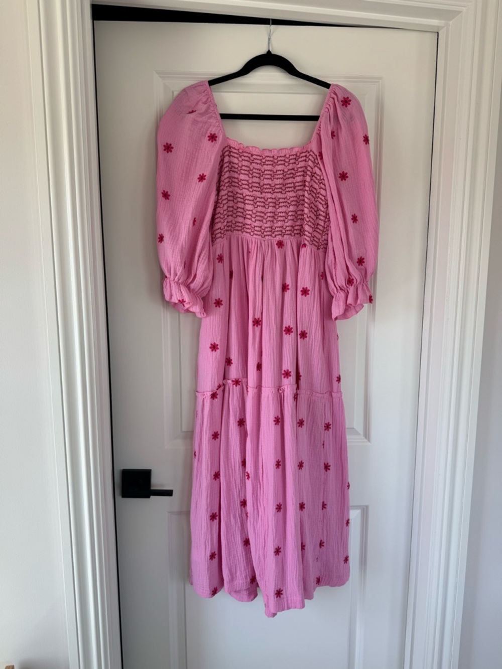 Pink Smocked Midi Dress with Puff Sleeves